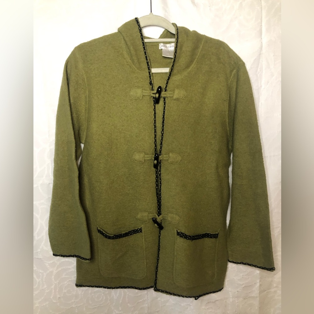 Vintage Pierre Cardin Sage Green 100% Wool women’s Cardigan with hood. Size M